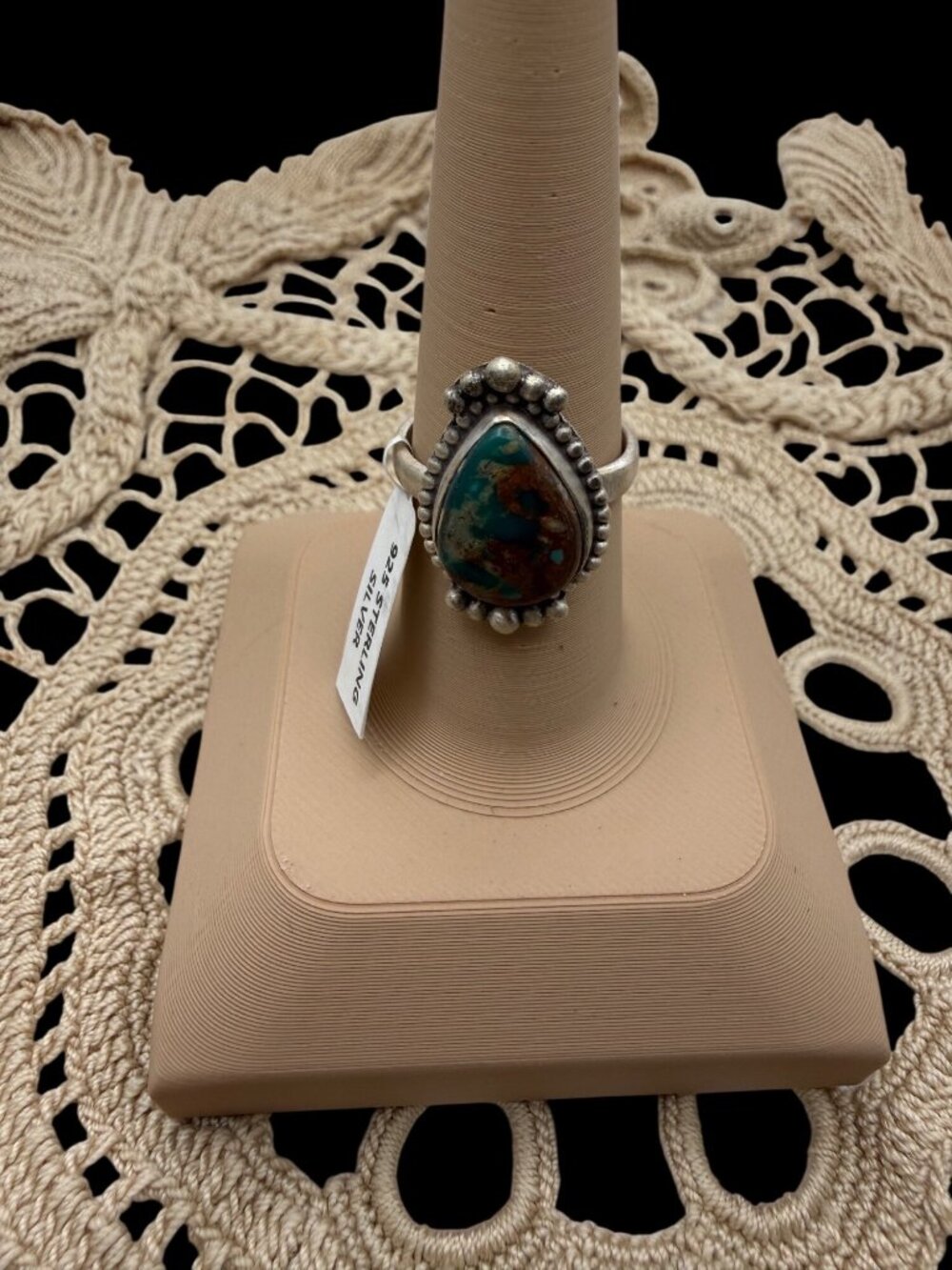 Artisan Sterling Silver Ring Teardrop Fox Turquoise Gemstone Beaded Design Adj